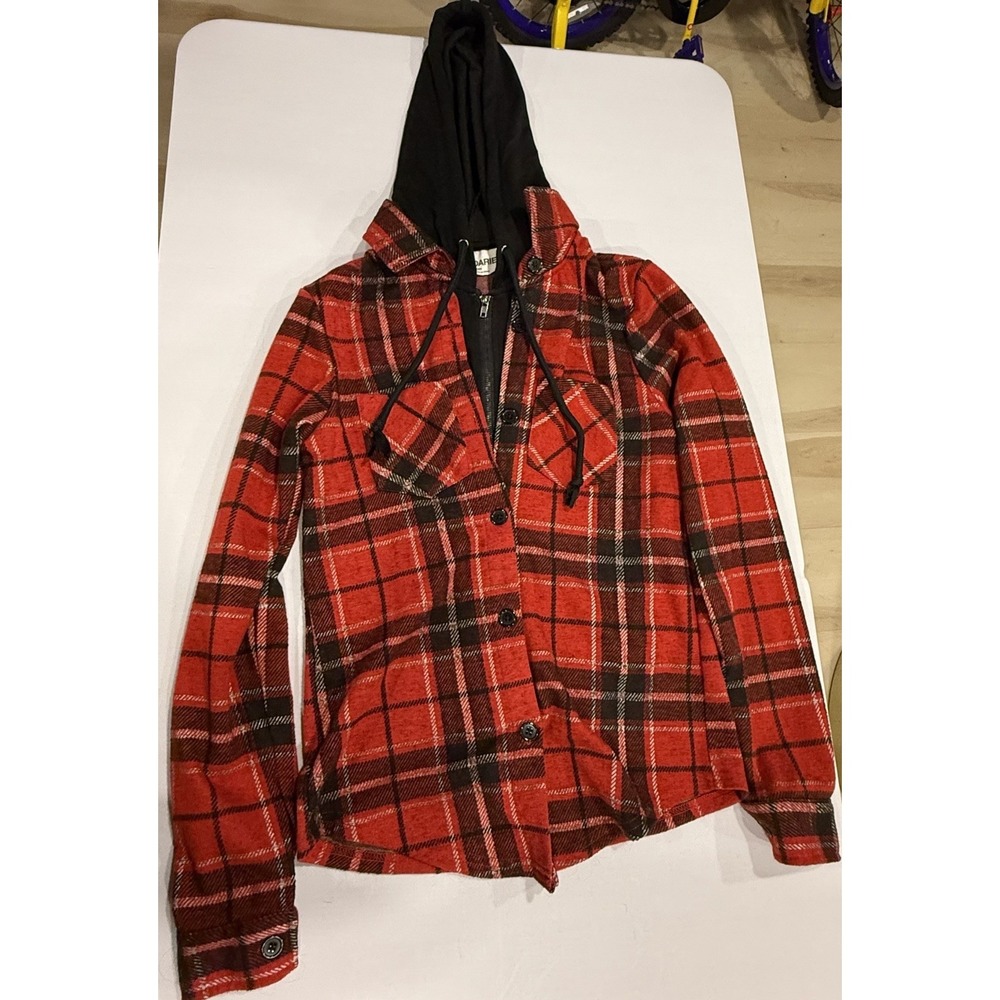 No Boundaries XXS Plaid Hooded Button Up Flannel Shirt Jacket